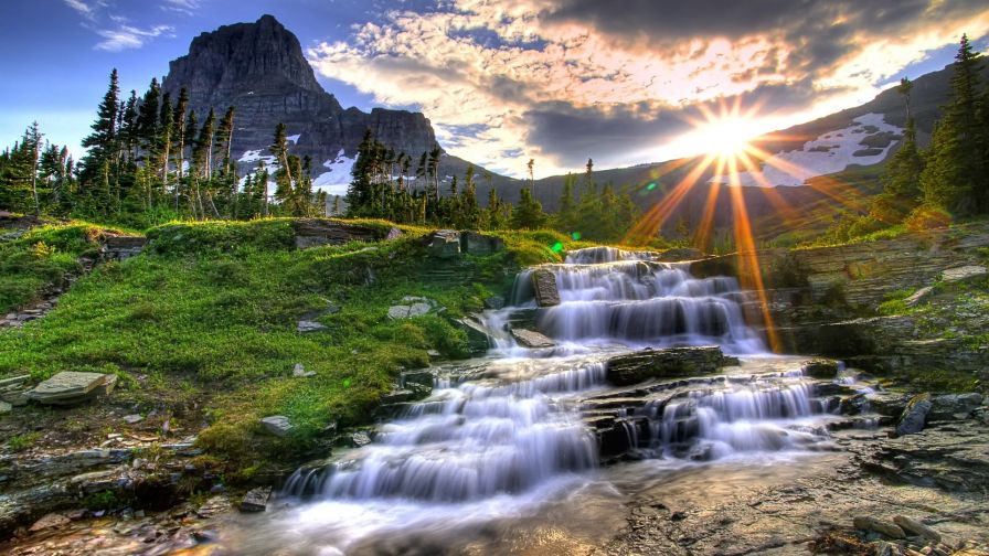 Waterfall Sunrise Mountain Wallpaper 889